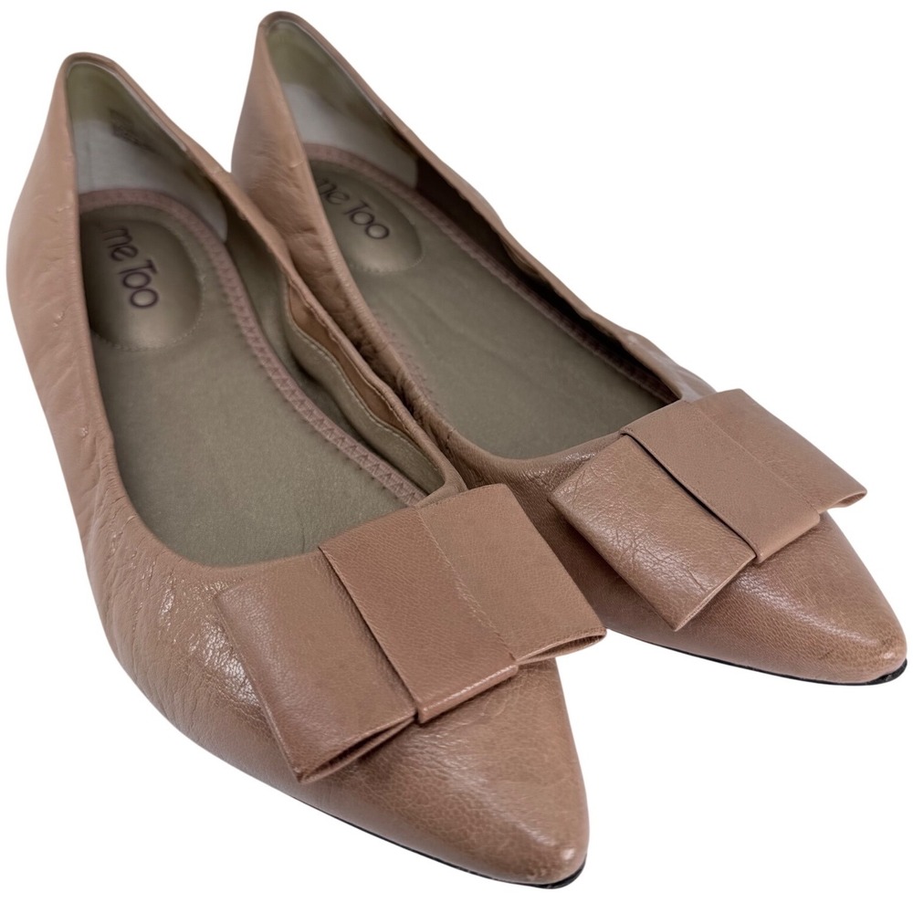 Me Too Womens Tan Leather Pointed Toe Bow Ballet Flats Size 8.5 M Nude Slip On